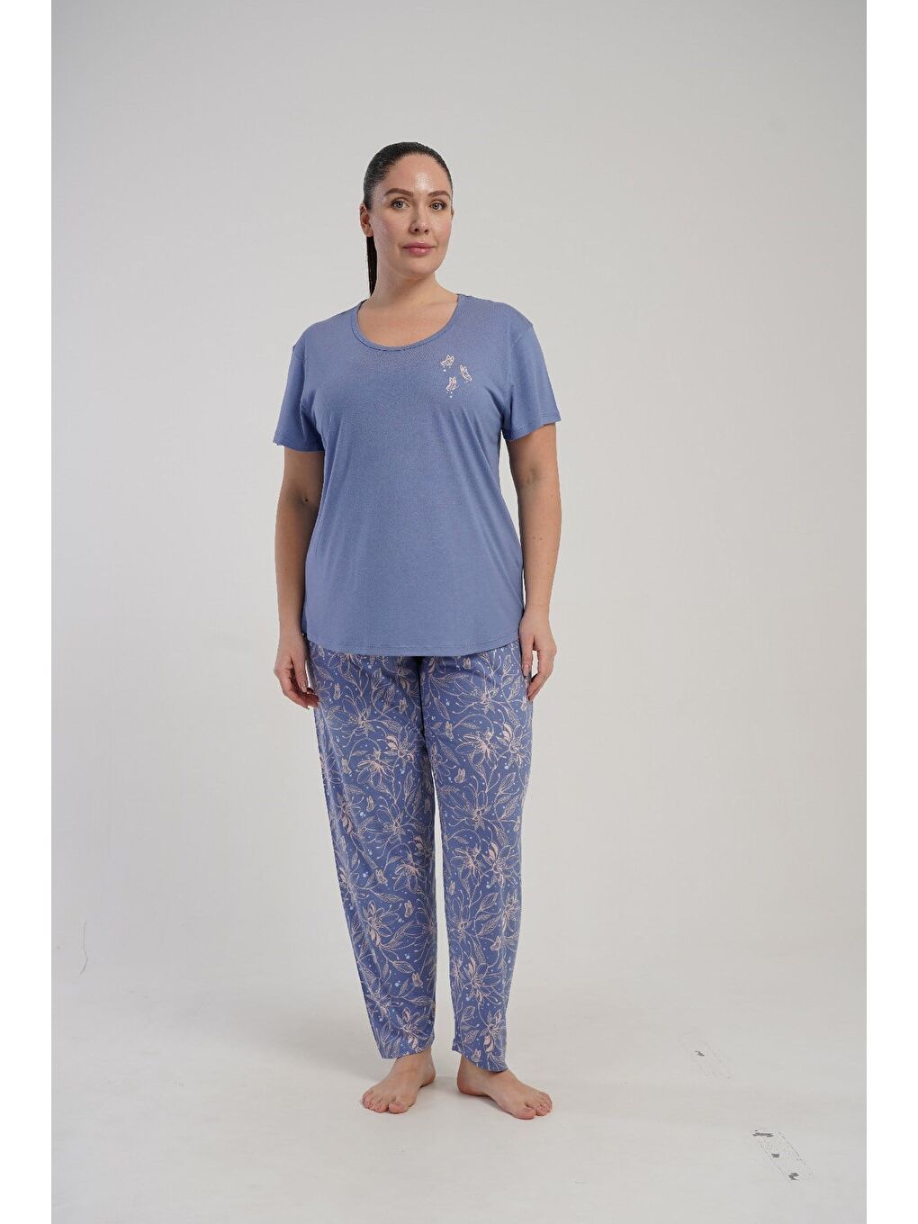 Büyük Beden Yuvarlak Yaka Kısa Kollu Pijama Takımı Mor-512248-4