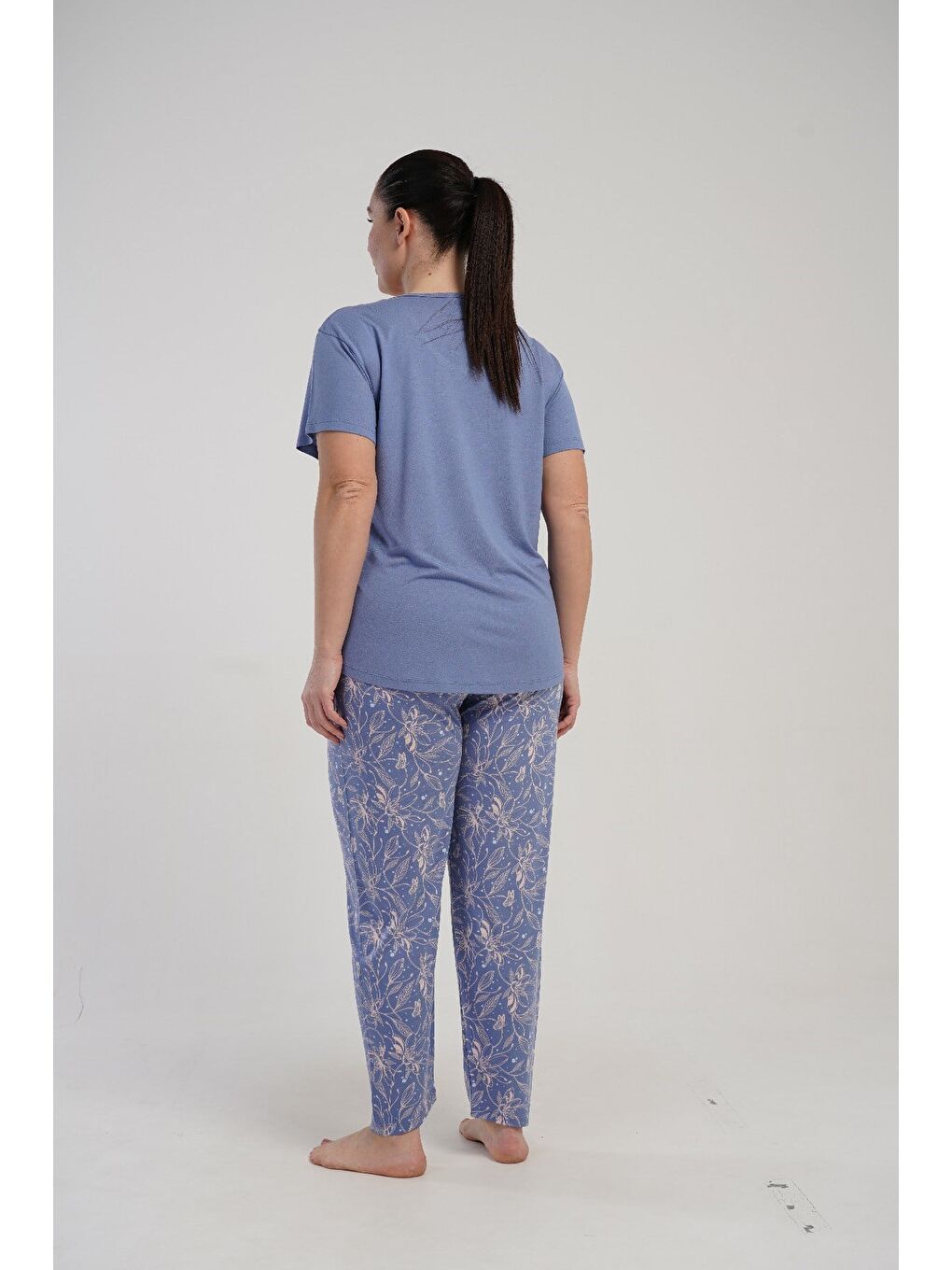 Büyük Beden Yuvarlak Yaka Kısa Kollu Pijama Takımı Mor-512248-5