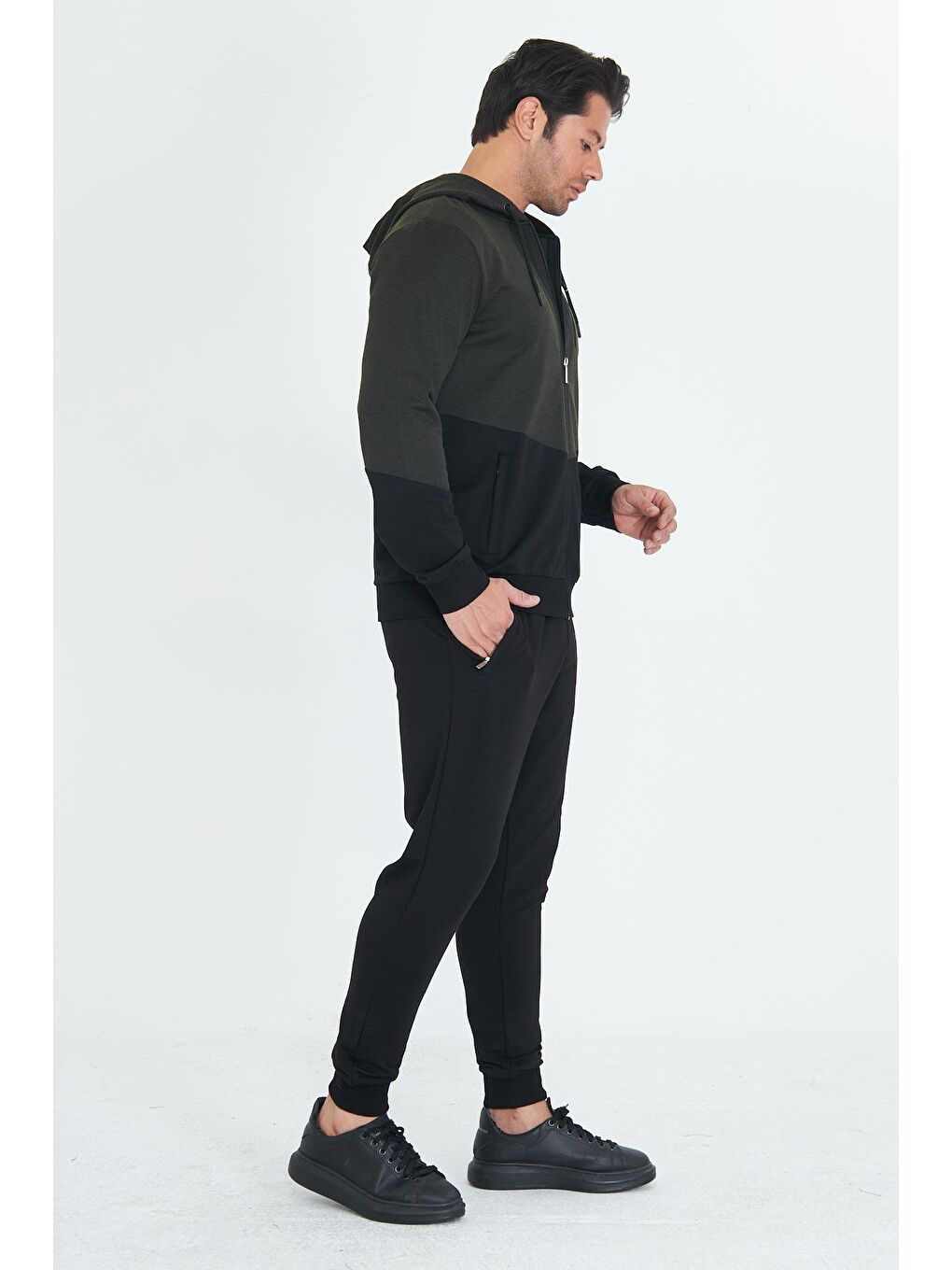 Erkek Pamuklu Kapüşonlu Eşofman Takımı Haki 5815-H-2