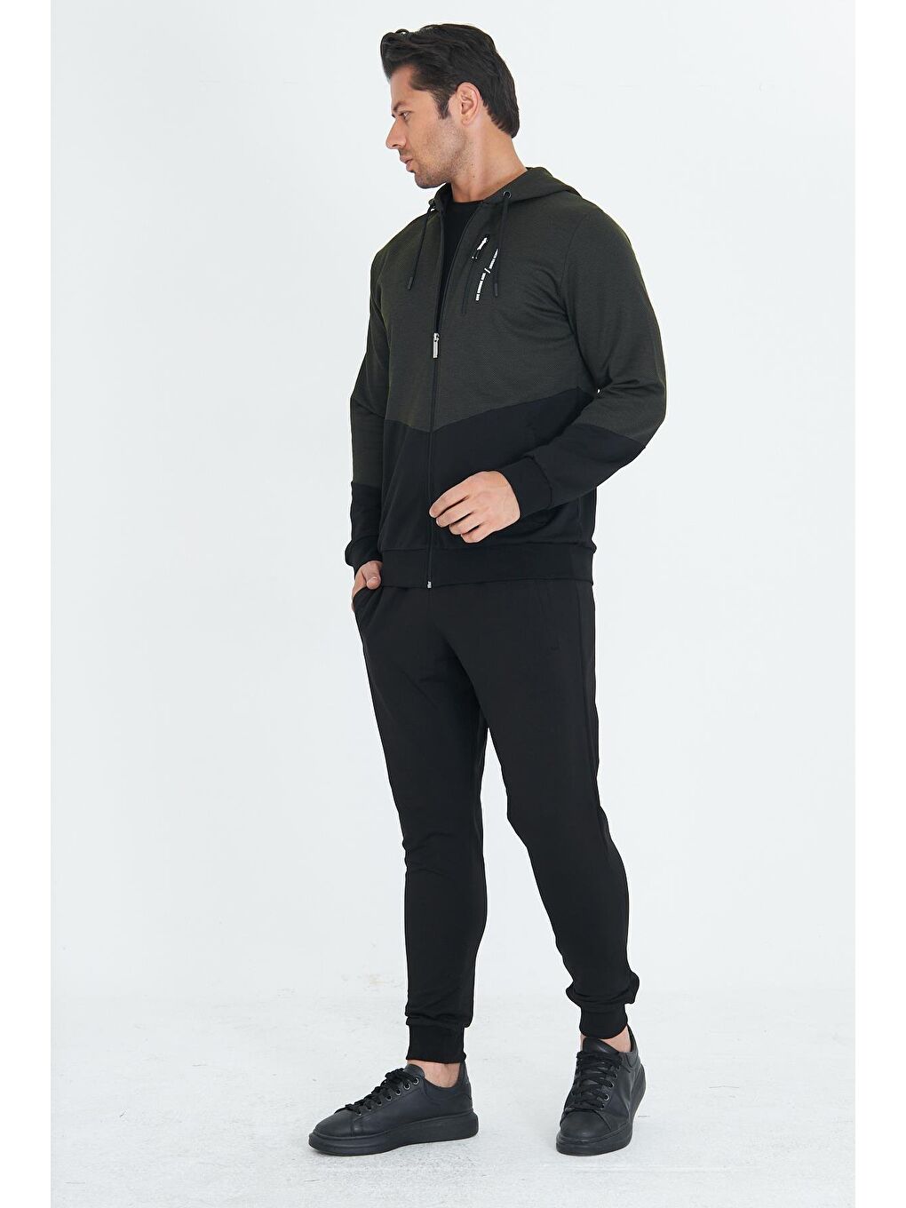 Erkek Pamuklu Kapüşonlu Eşofman Takımı Haki 5815-H-4