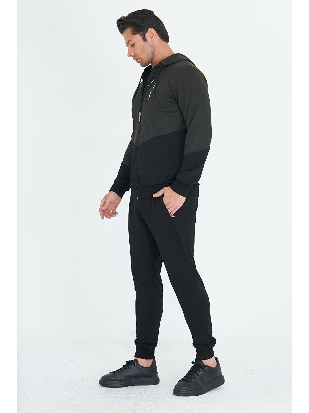 Erkek Pamuklu Kapüşonlu Eşofman Takımı Haki 5815-H-5