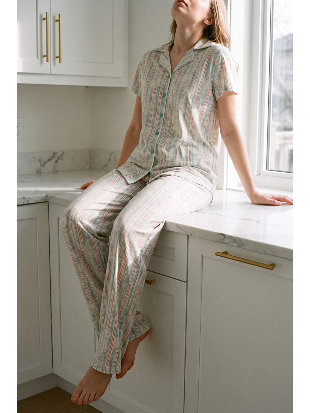 Gömlek Yaka Önden Düğmeli Pijama Takımı Açık Yeşil-512176-1