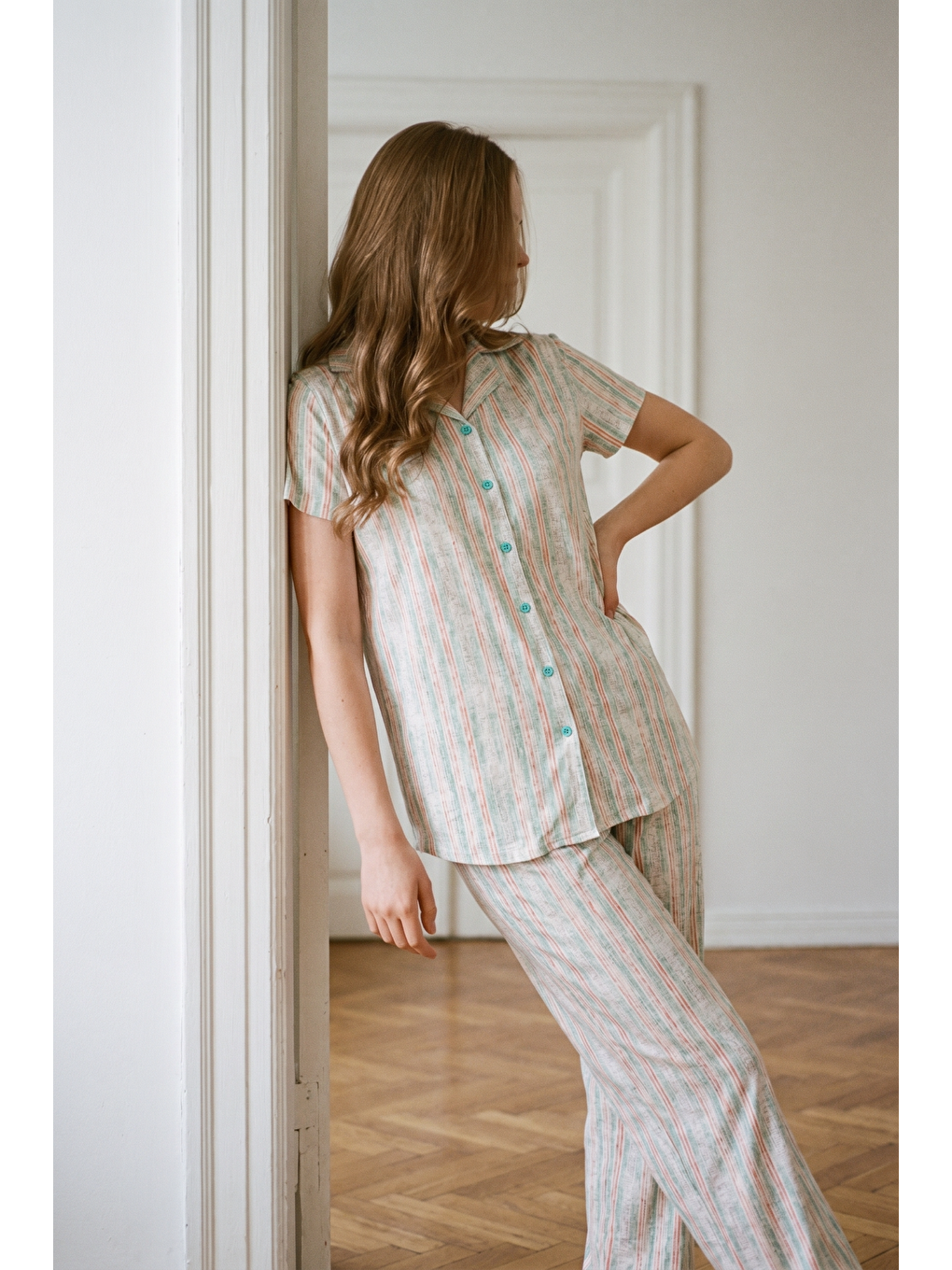 Gömlek Yaka Önden Düğmeli Pijama Takımı Açık Yeşil-512176-3