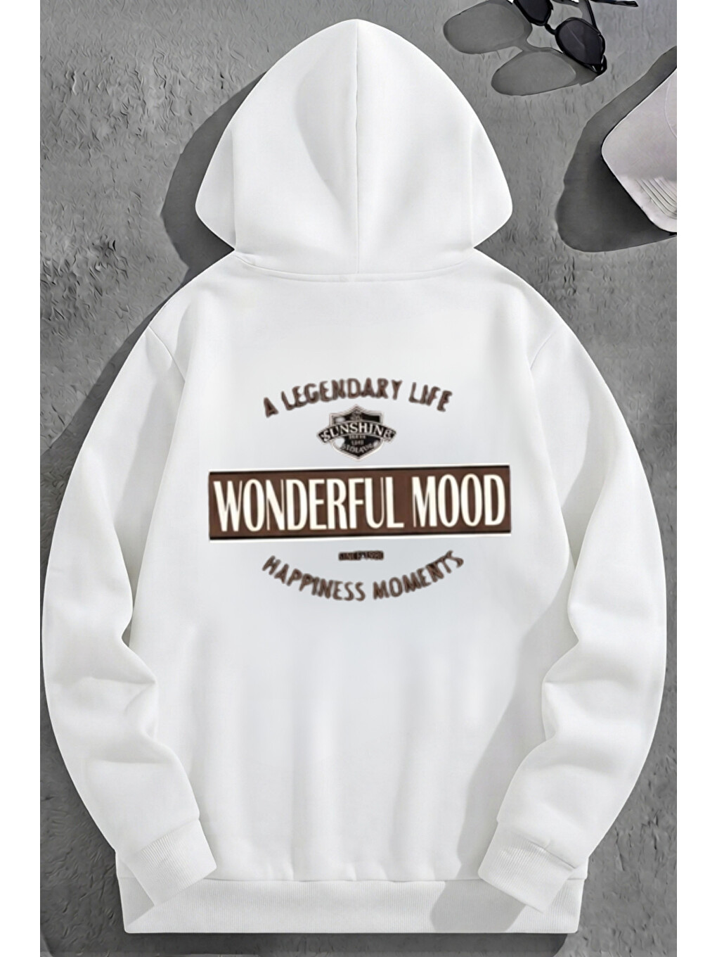 Unisex 3 İplik Pamuklu Beyaz Wonderfulmood Baskı Bol Kalıp Sweatshirt Hoodie