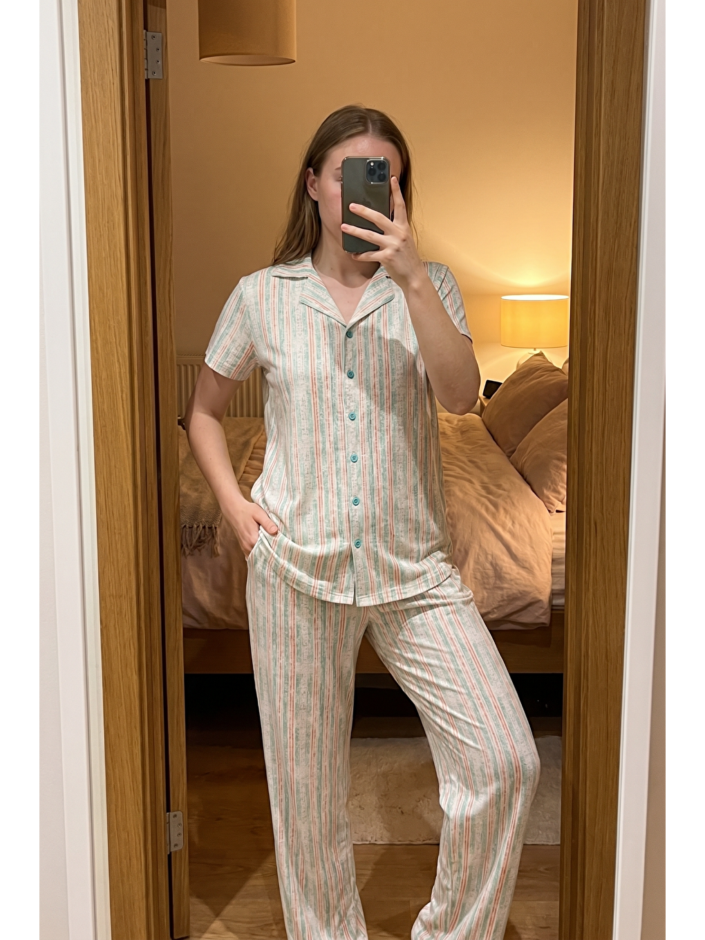 Gömlek Yaka Önden Düğmeli Pijama Takımı Açık Yeşil-512176-4