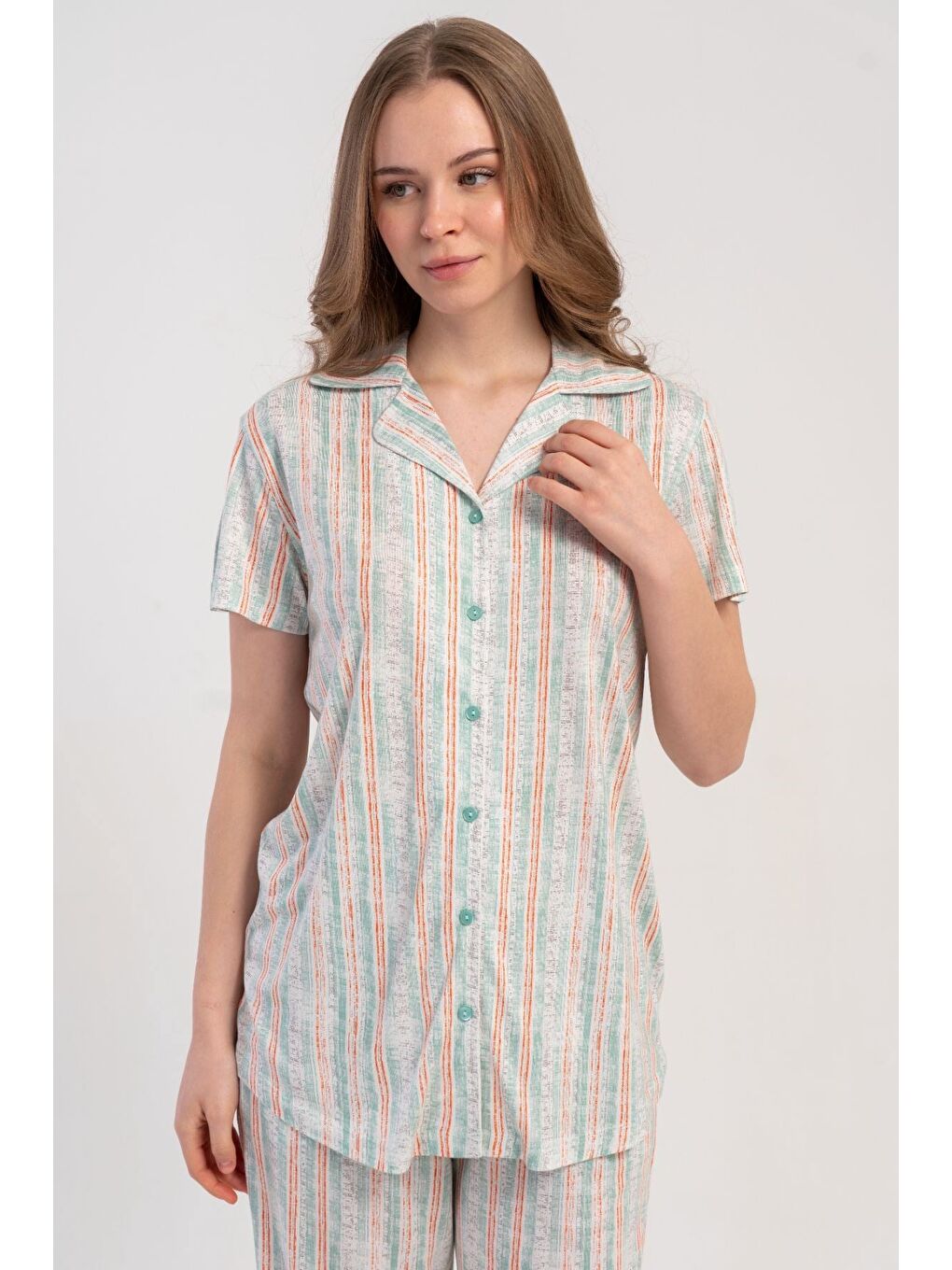 Gömlek Yaka Önden Düğmeli Pijama Takımı Açık Yeşil-512176-5