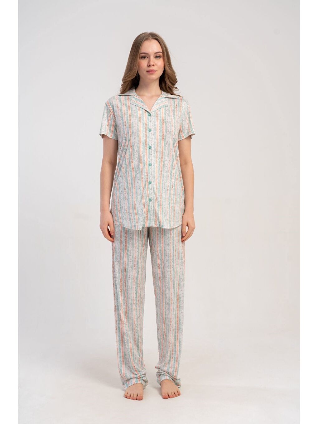 Gömlek Yaka Önden Düğmeli Pijama Takımı Açık Yeşil-512176-6
