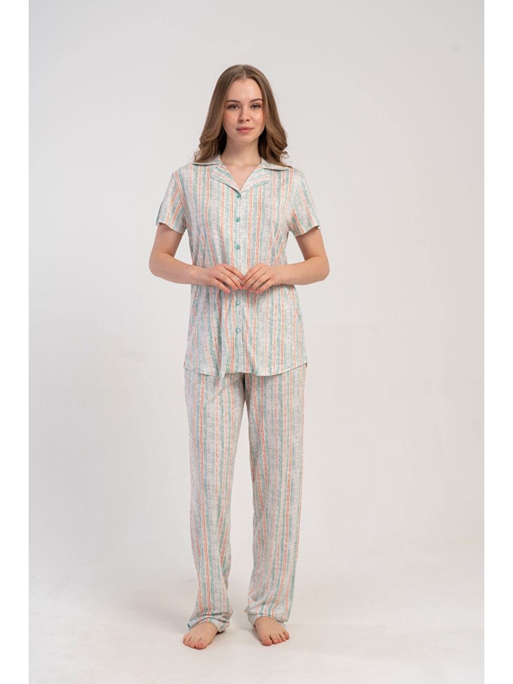 Gömlek Yaka Önden Düğmeli Pijama Takımı Açık Yeşil-512176-7