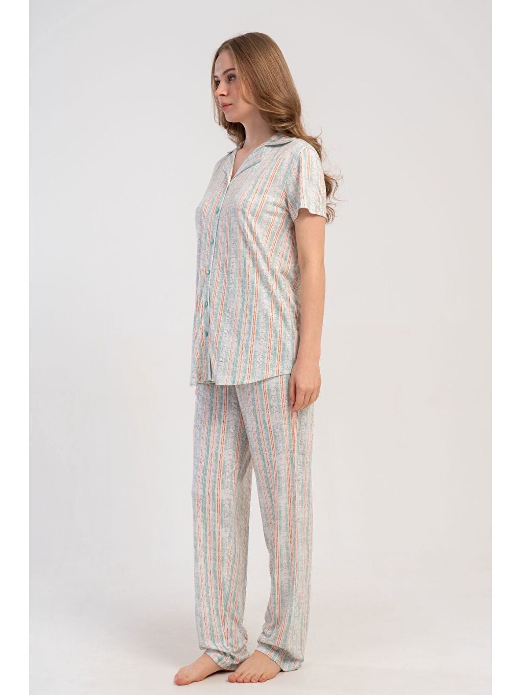 Gömlek Yaka Önden Düğmeli Pijama Takımı Açık Yeşil-512176-9