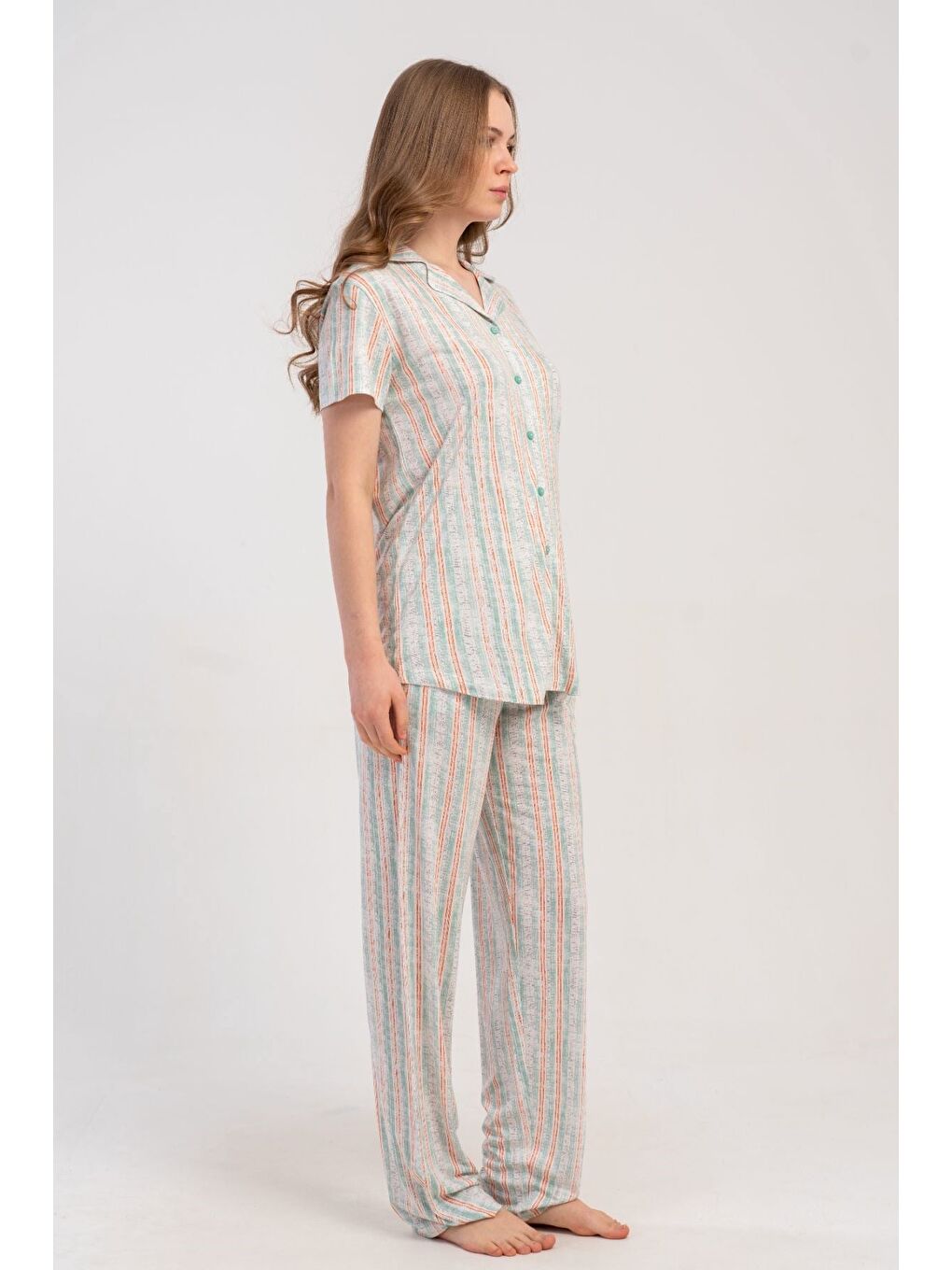 Gömlek Yaka Önden Düğmeli Pijama Takımı Açık Yeşil-512176-10