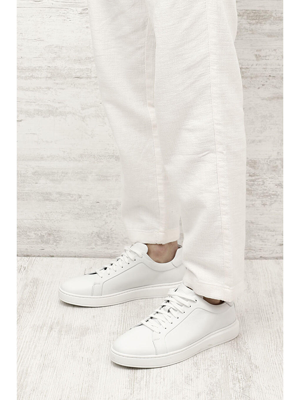 Beyaz Erkek BEYAZ-AÇIK GRİ Bağcıklı Kauçuk Taban Hakiki Deri Sneaker-2