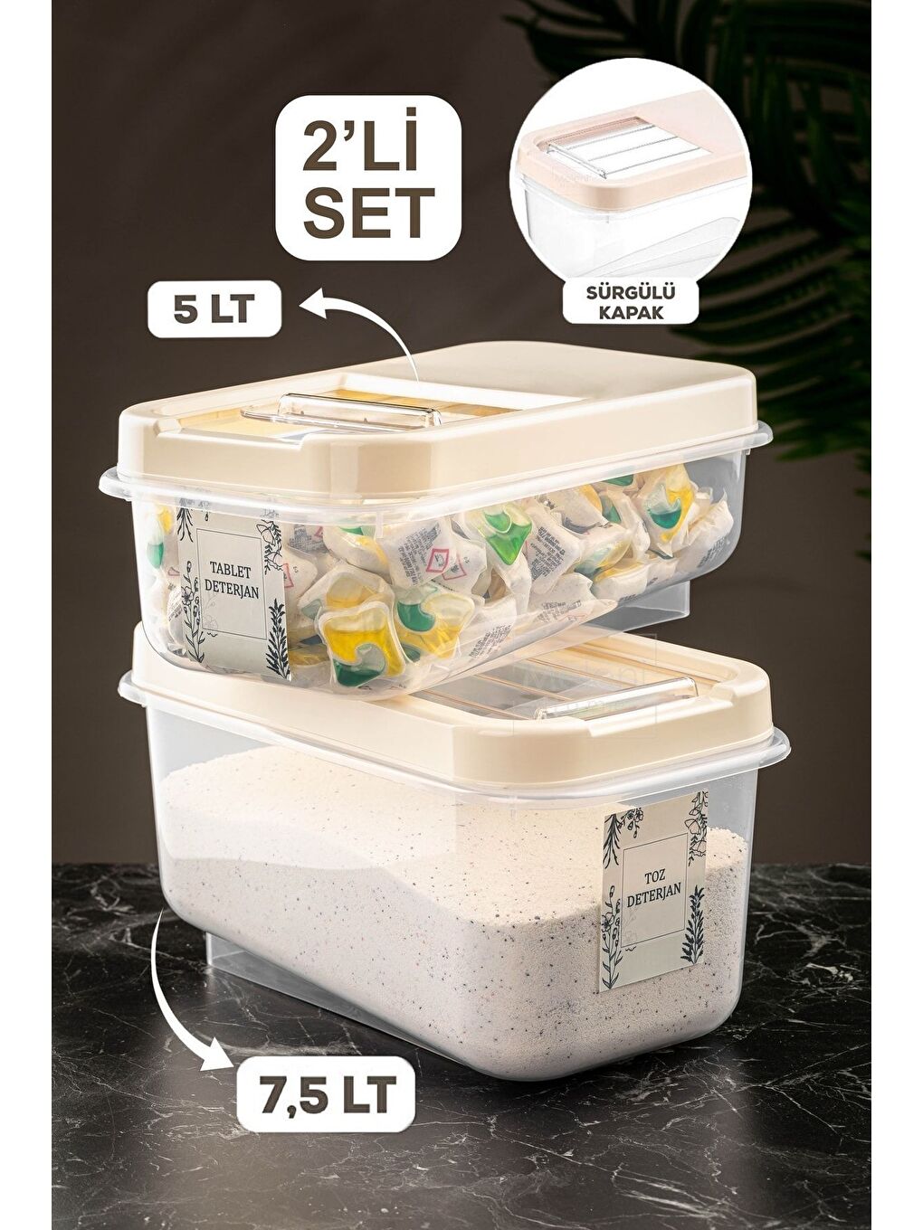 Ekru 2li Etiketli Kayar Kapaklı Deterjan Saklama Kabı Tablet Deterjan Saklama Kutusu Krem