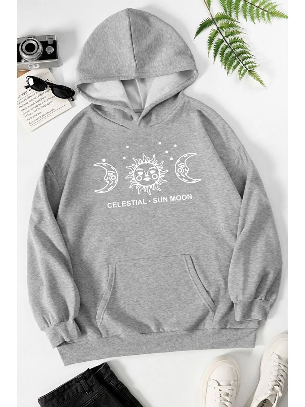 uyguntarz Gri Unisex Celestial Sun Moon Baskılı Sweatshirt