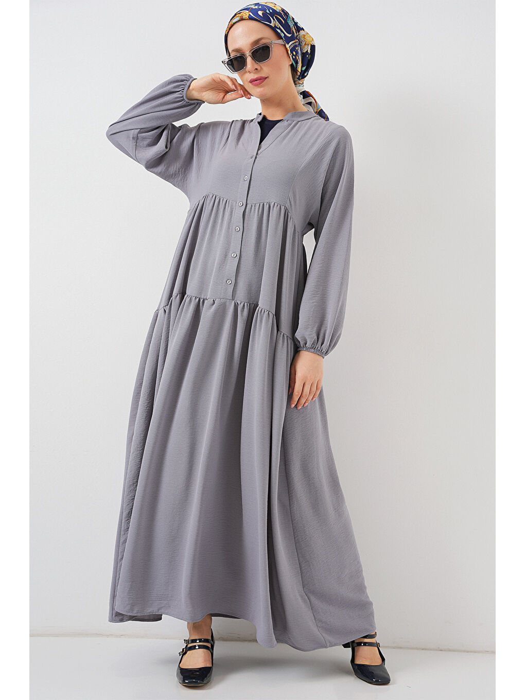 2527 Kadın Uzun Tesettür Elbise - Gri