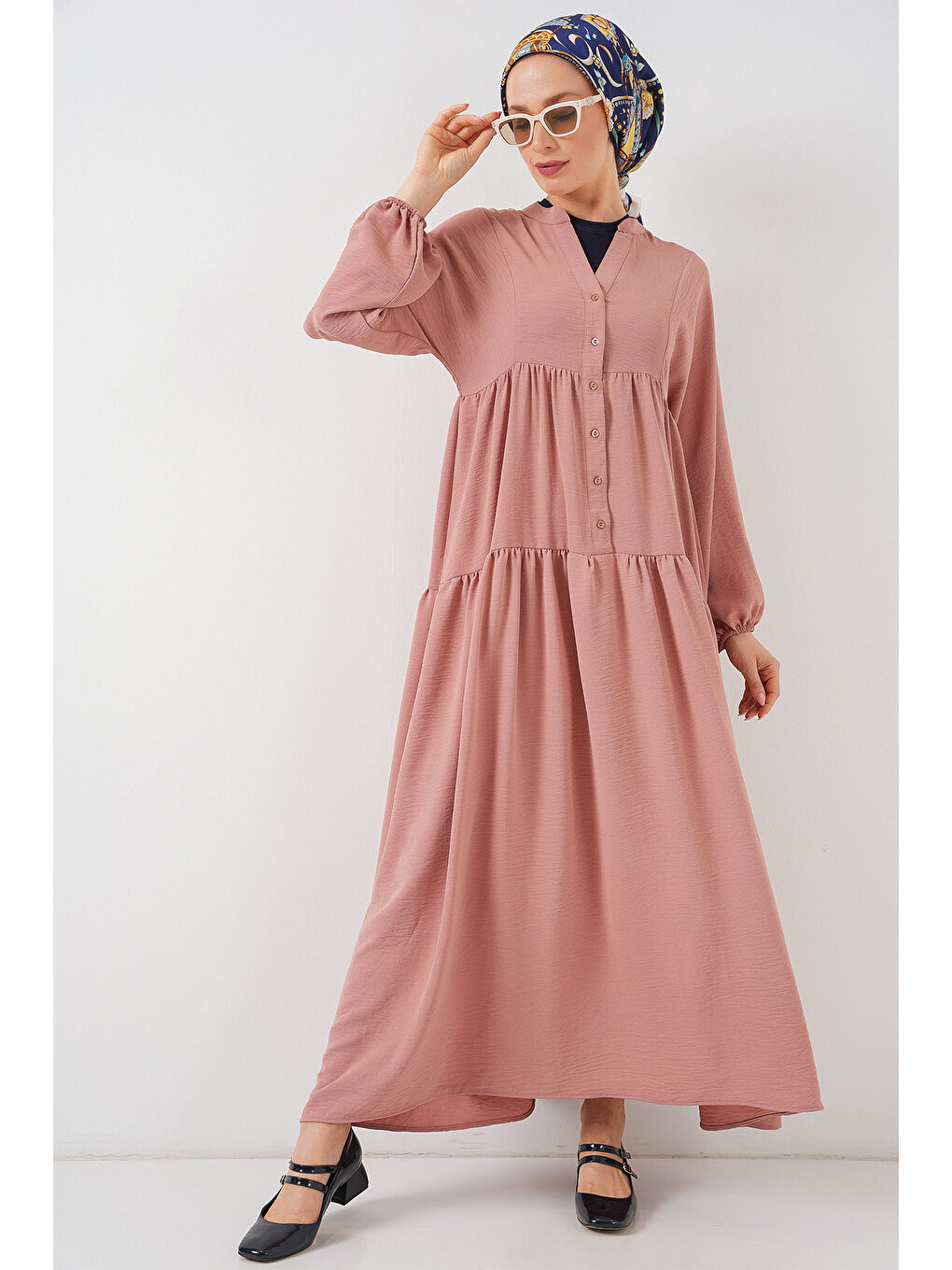 Pembe 2527 Kadın Uzun Tesettür Elbise - Somon