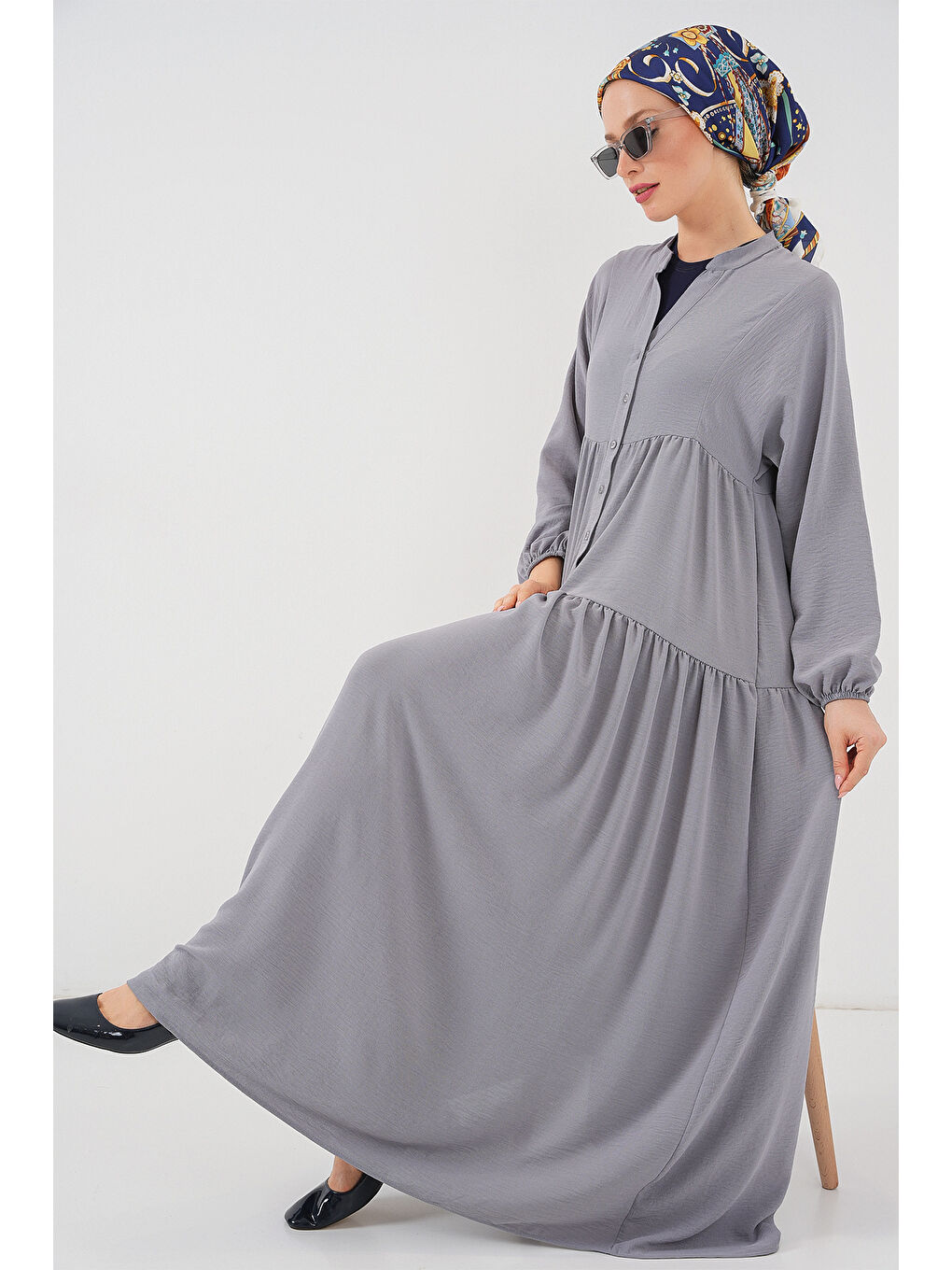 2527 Kadın Uzun Tesettür Elbise - Gri-1