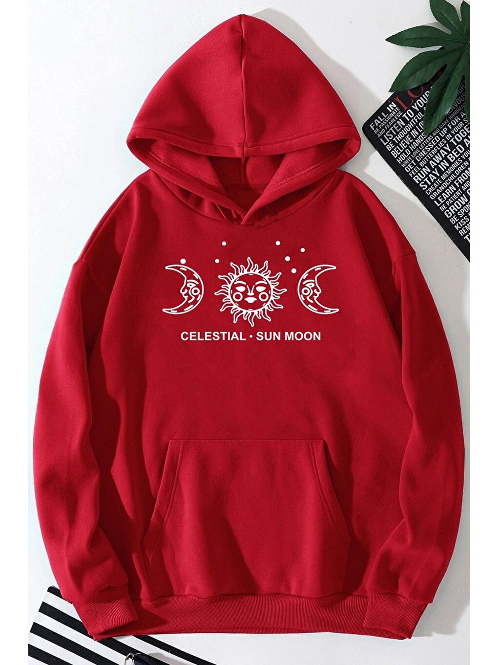 uyguntarz Kırmızı Unisex Celestial Sun Moon Baskılı Sweatshirt