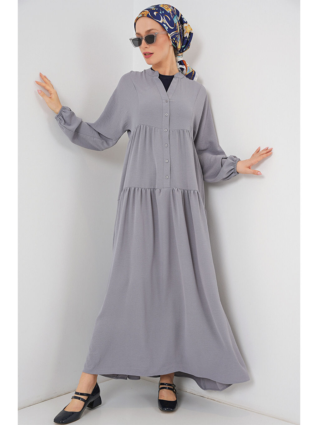 2527 Kadın Uzun Tesettür Elbise - Gri-2