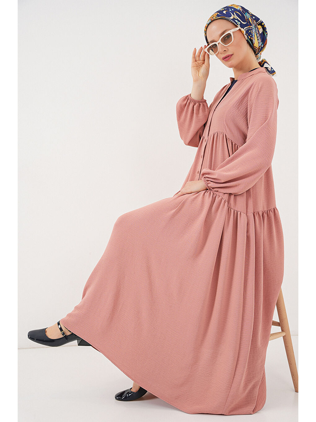Pembe 2527 Kadın Uzun Tesettür Elbise - Somon-1