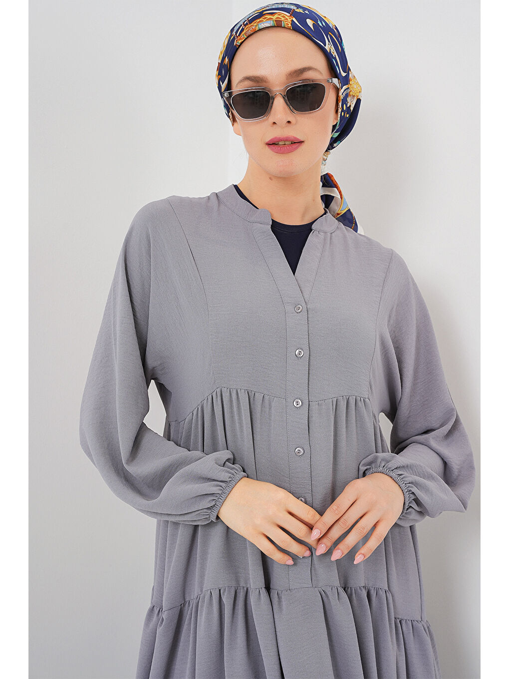 2527 Kadın Uzun Tesettür Elbise - Gri-3