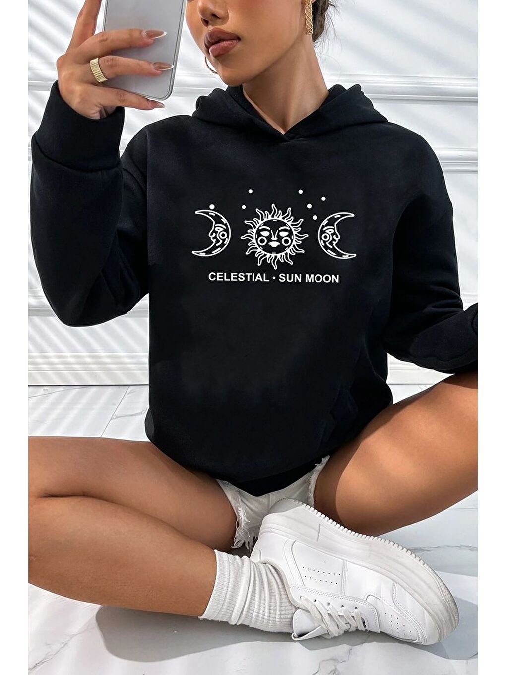 uyguntarz Siyah Unisex Celestial Sun Moon Baskılı Sweatshirt