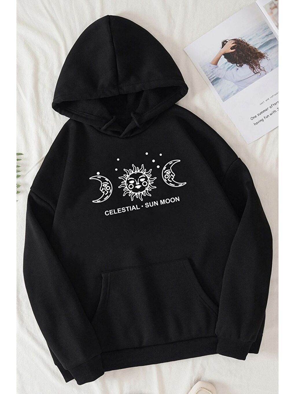 uyguntarz Siyah Unisex Celestial Sun Moon Baskılı Sweatshirt - 1