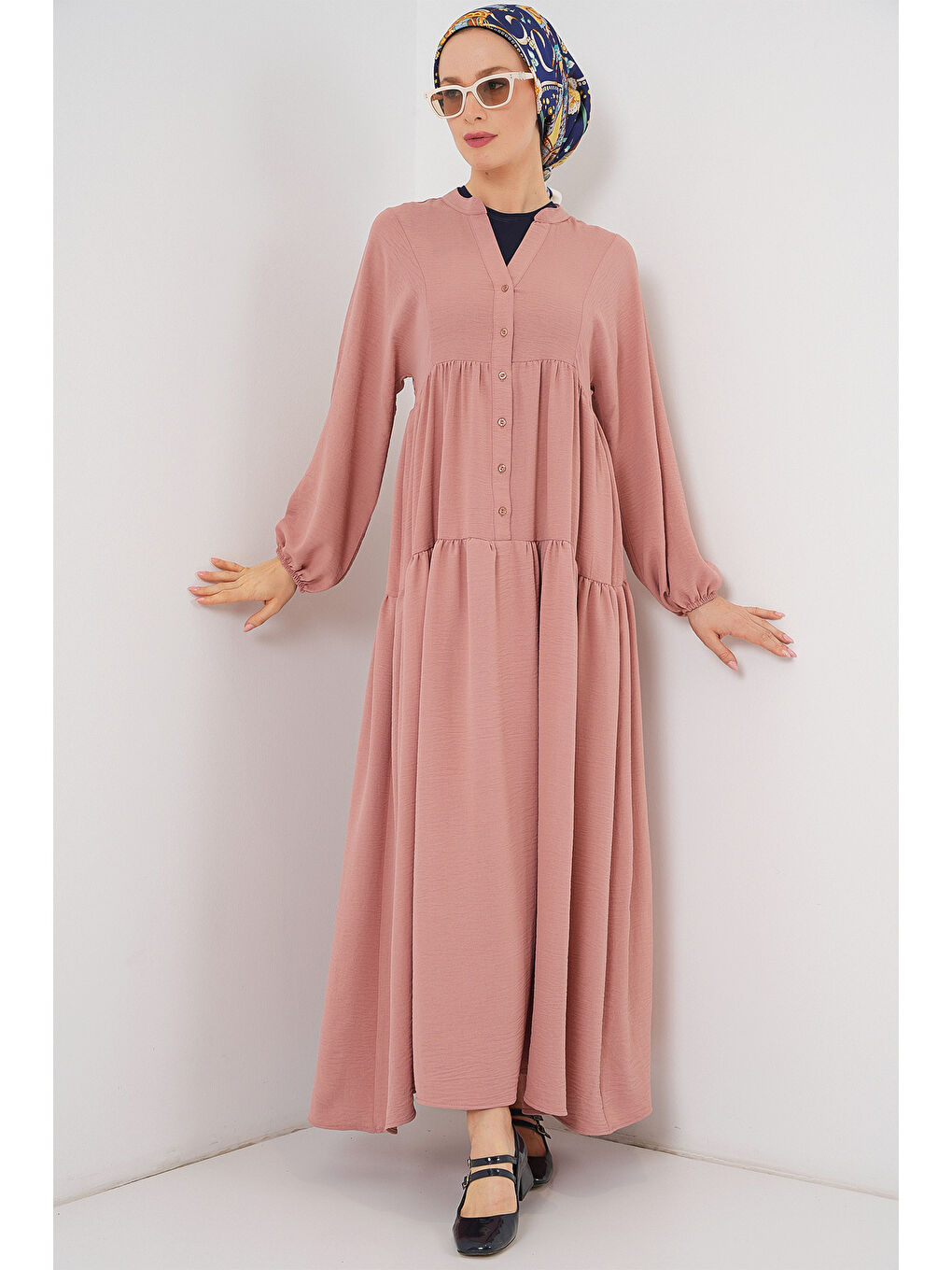 Pembe 2527 Kadın Uzun Tesettür Elbise - Somon-2
