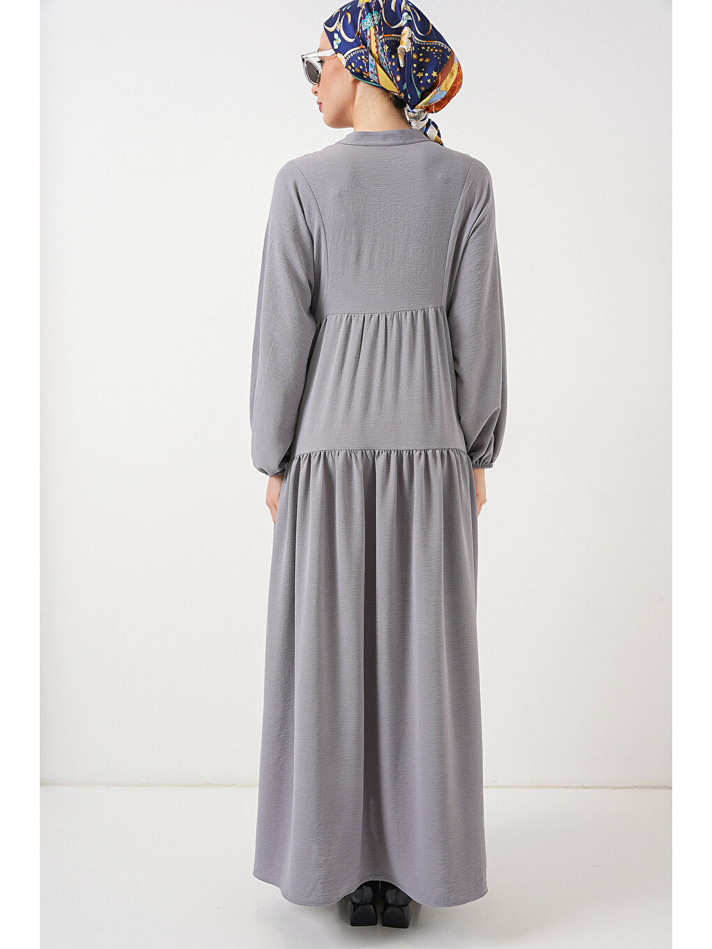 2527 Kadın Uzun Tesettür Elbise - Gri-5