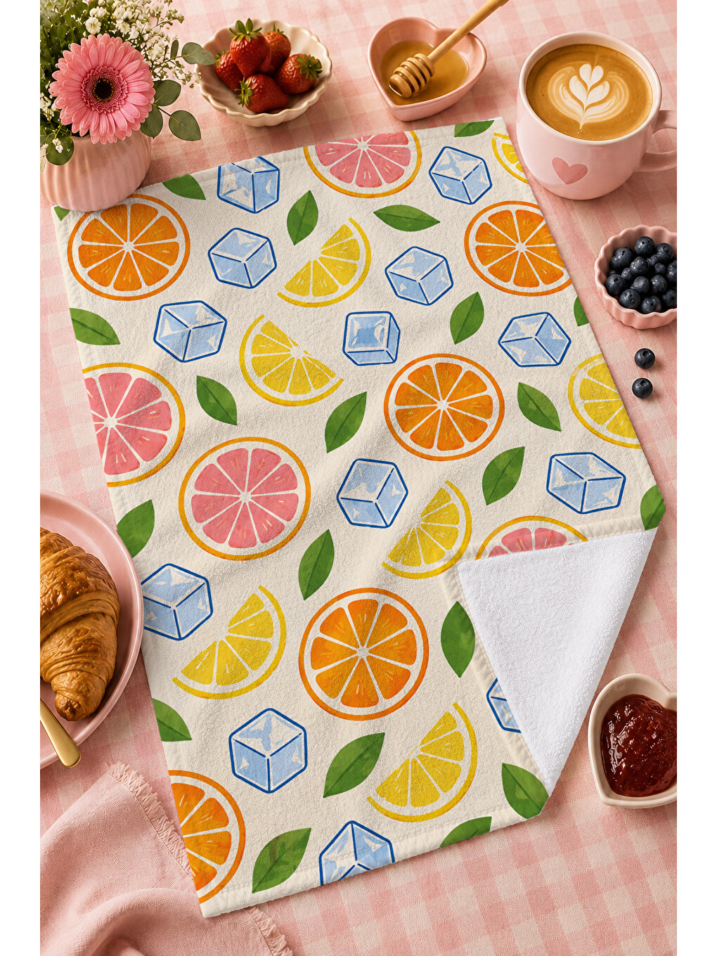 Beyaz Limon Renkli Narenciye Desenli Havlu-2