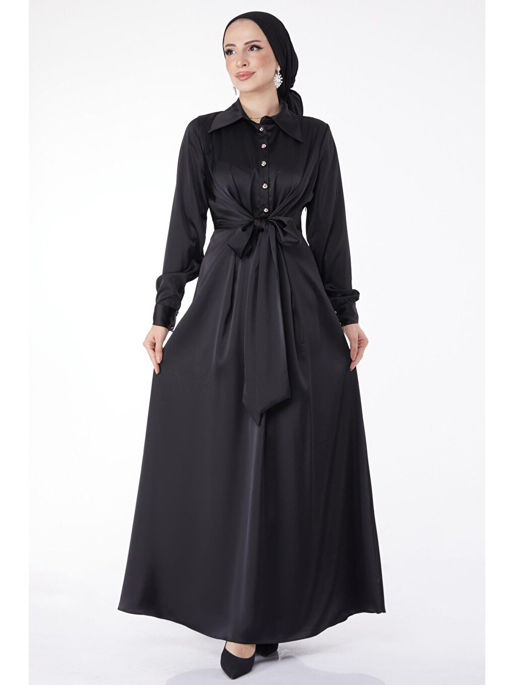 Düz Gömlek Yaka Kadın Siyah Çapraz Kemer Detaylı Abiye Elbise - 25211