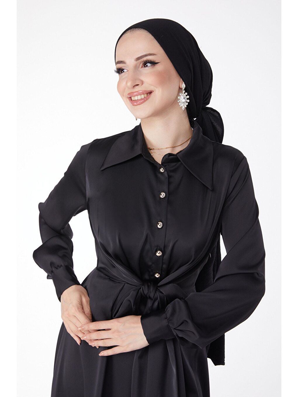 Düz Gömlek Yaka Kadın Siyah Çapraz Kemer Detaylı Abiye Elbise - 25211-1