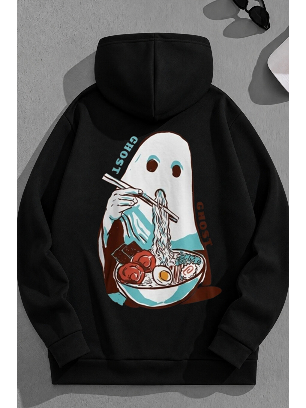 Unisex 3 İplik Pamuklu Siyah Ghosteats Baskı Bol Kalıp Sweatshirt Hoodie