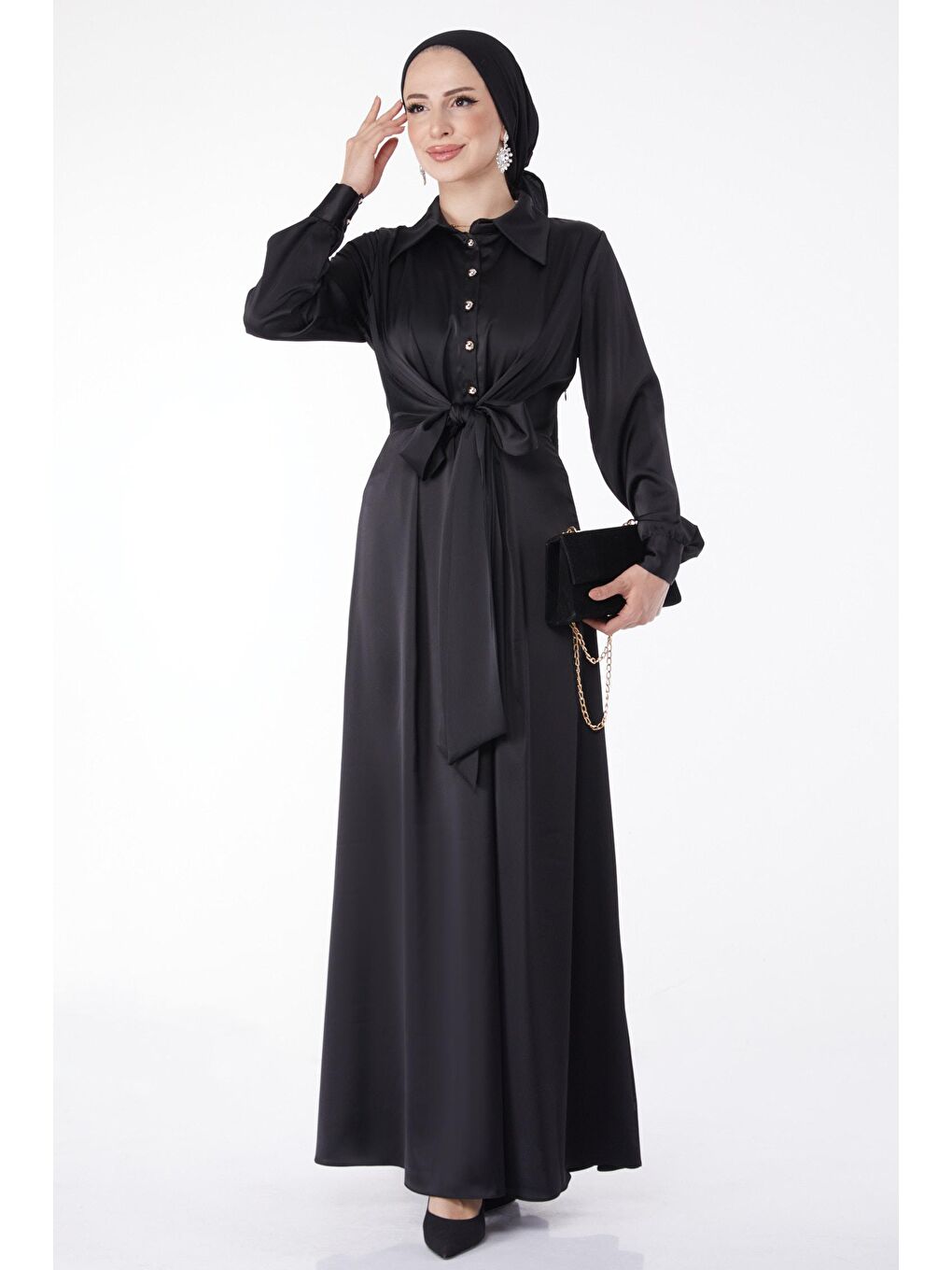 Düz Gömlek Yaka Kadın Siyah Çapraz Kemer Detaylı Abiye Elbise - 25211-2