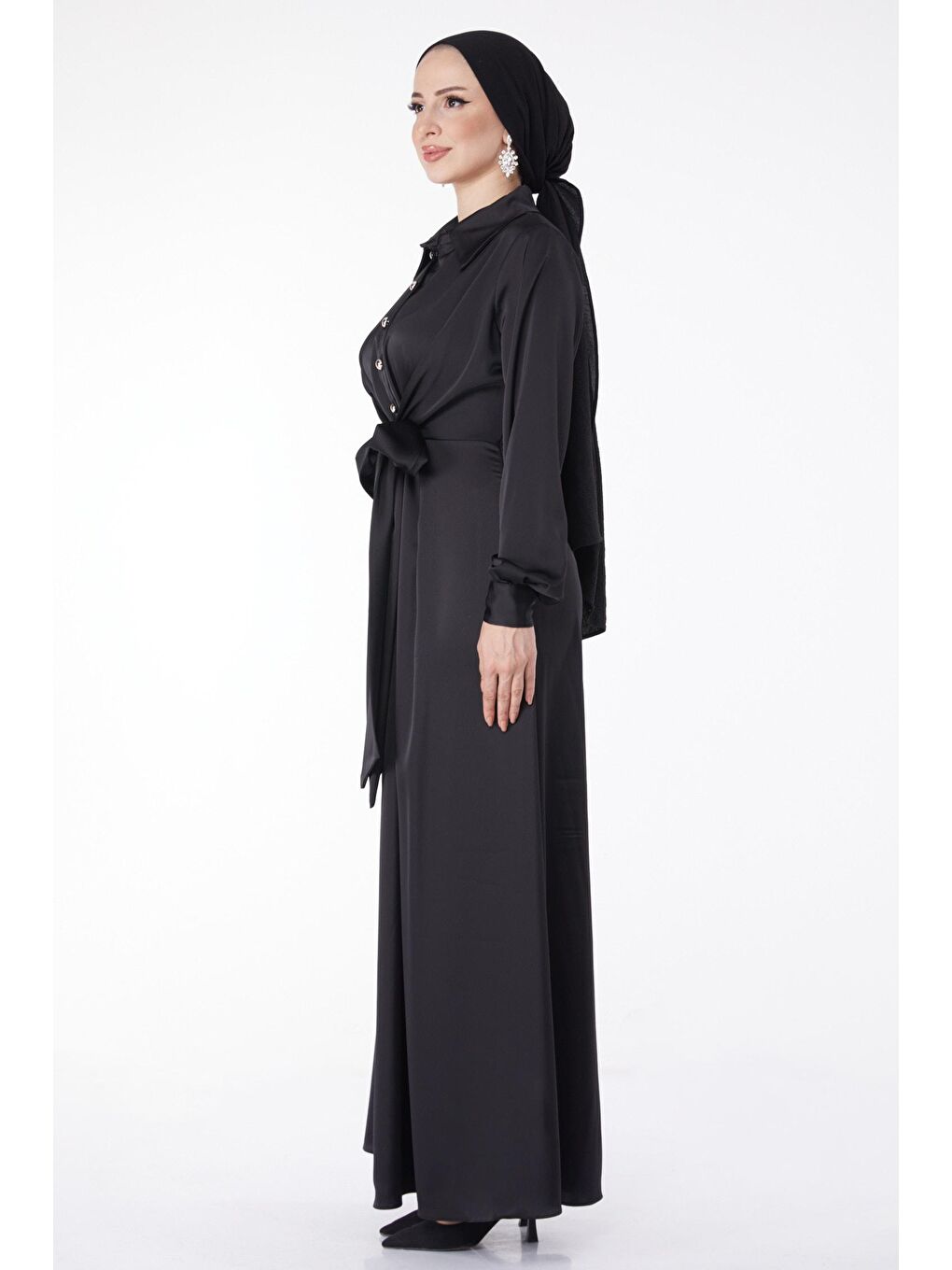 Düz Gömlek Yaka Kadın Siyah Çapraz Kemer Detaylı Abiye Elbise - 25211-3