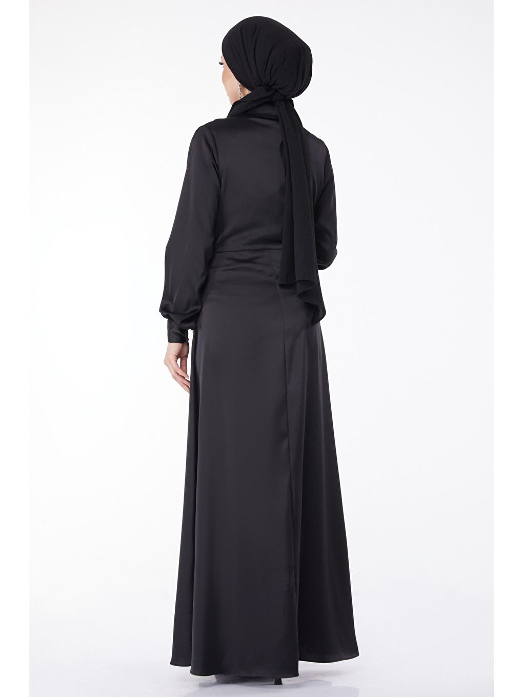Düz Gömlek Yaka Kadın Siyah Çapraz Kemer Detaylı Abiye Elbise - 25211-4
