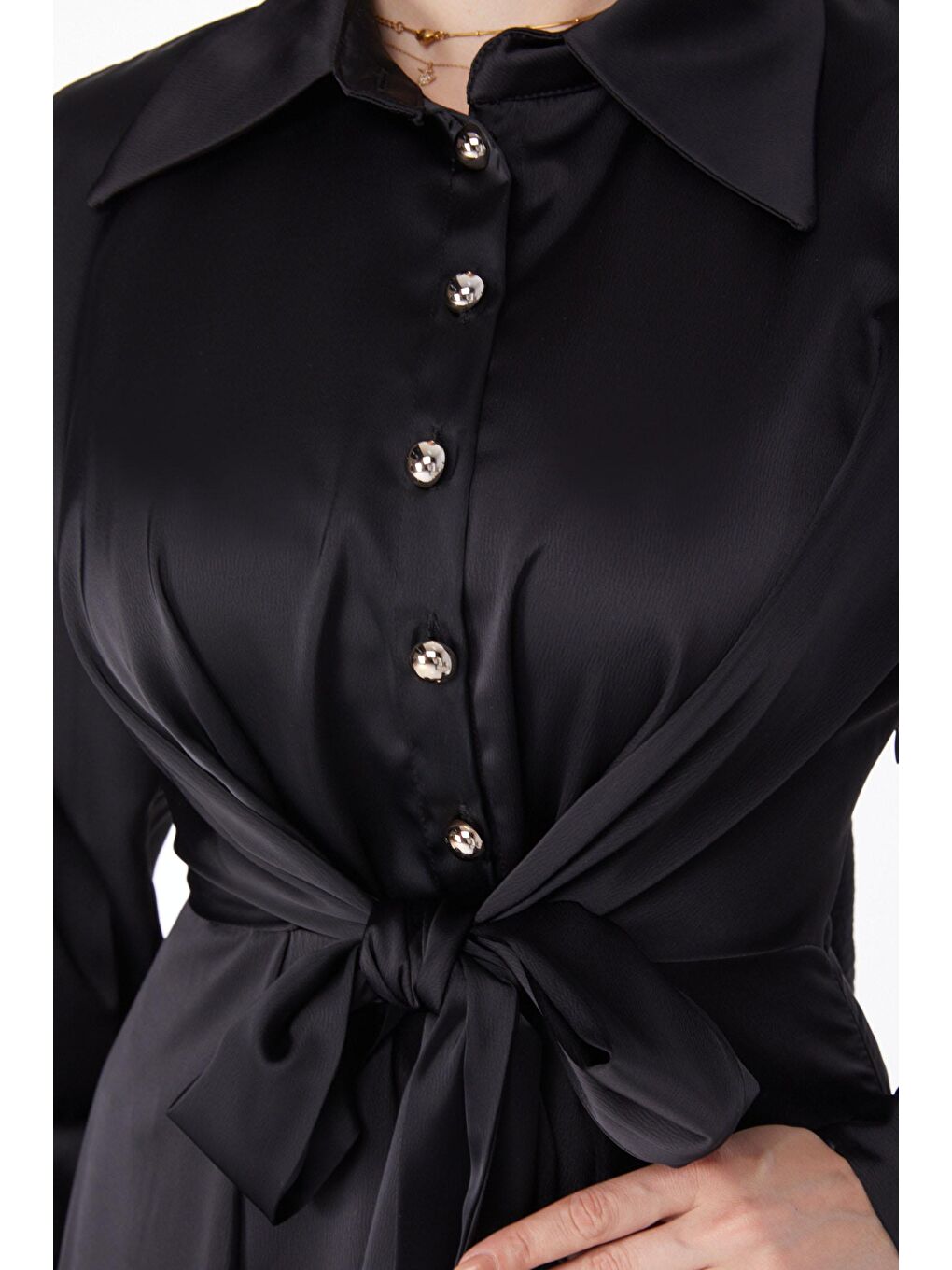 Düz Gömlek Yaka Kadın Siyah Çapraz Kemer Detaylı Abiye Elbise - 25211-5