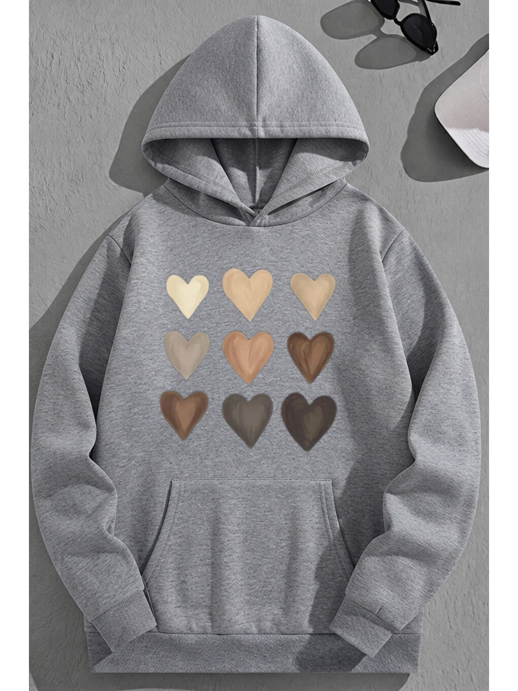 Unisex 3 İplik Pamuklu Gri Çokkalp Baskı Bol Kalıp Sweatshirt Hoodie