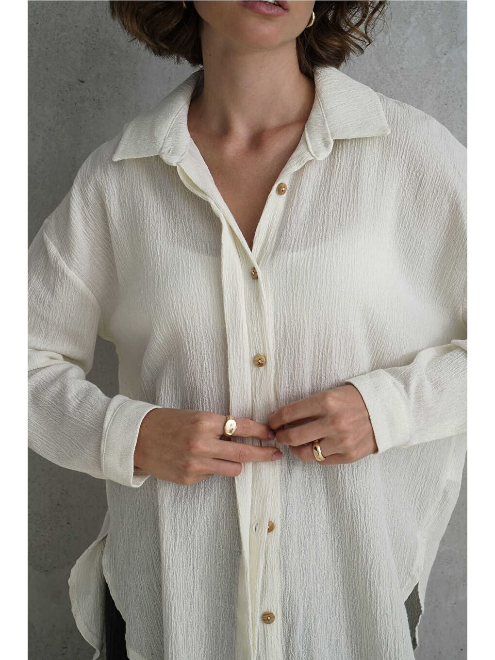Jovena Gizli Düğme Detay Ekru Gömlek