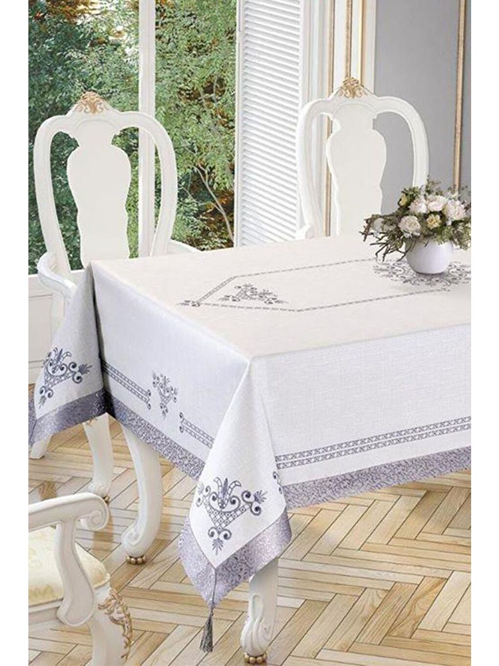 Gri Lale Baskılı Dikdörtgen Masa Örtüsü Silver 160x300 Cm-3