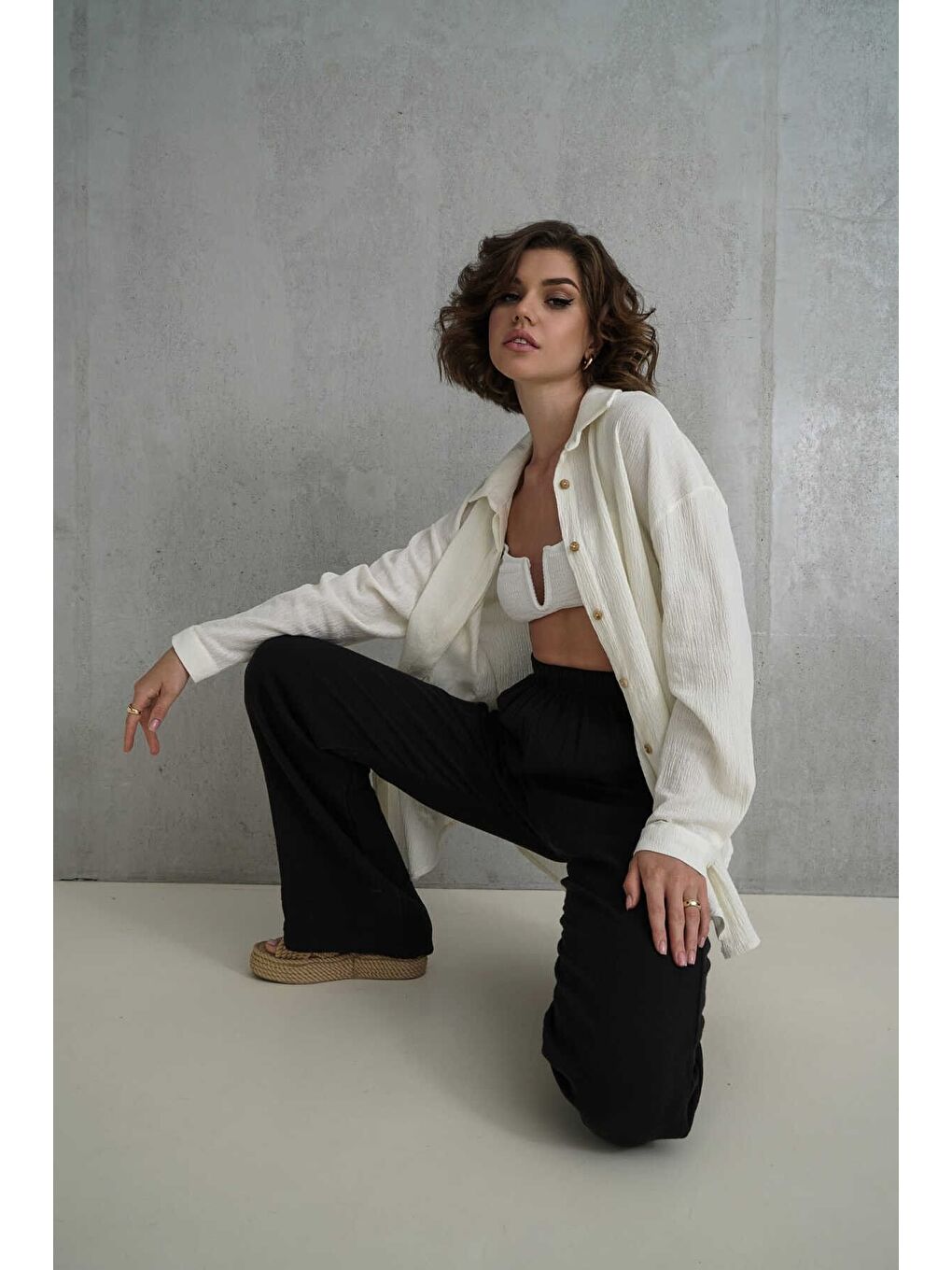 Jovena Gizli Düğme Detay Ekru Gömlek-3