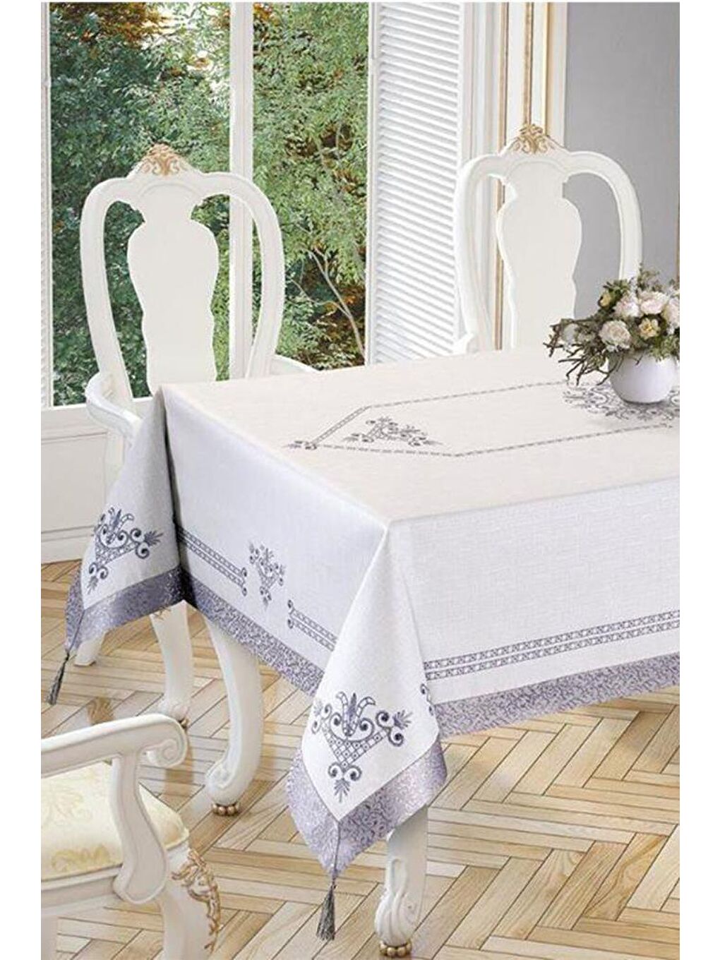 Gri Lale Baskılı Dikdörtgen Masa Örtüsü Silver 160x260 Cm-3