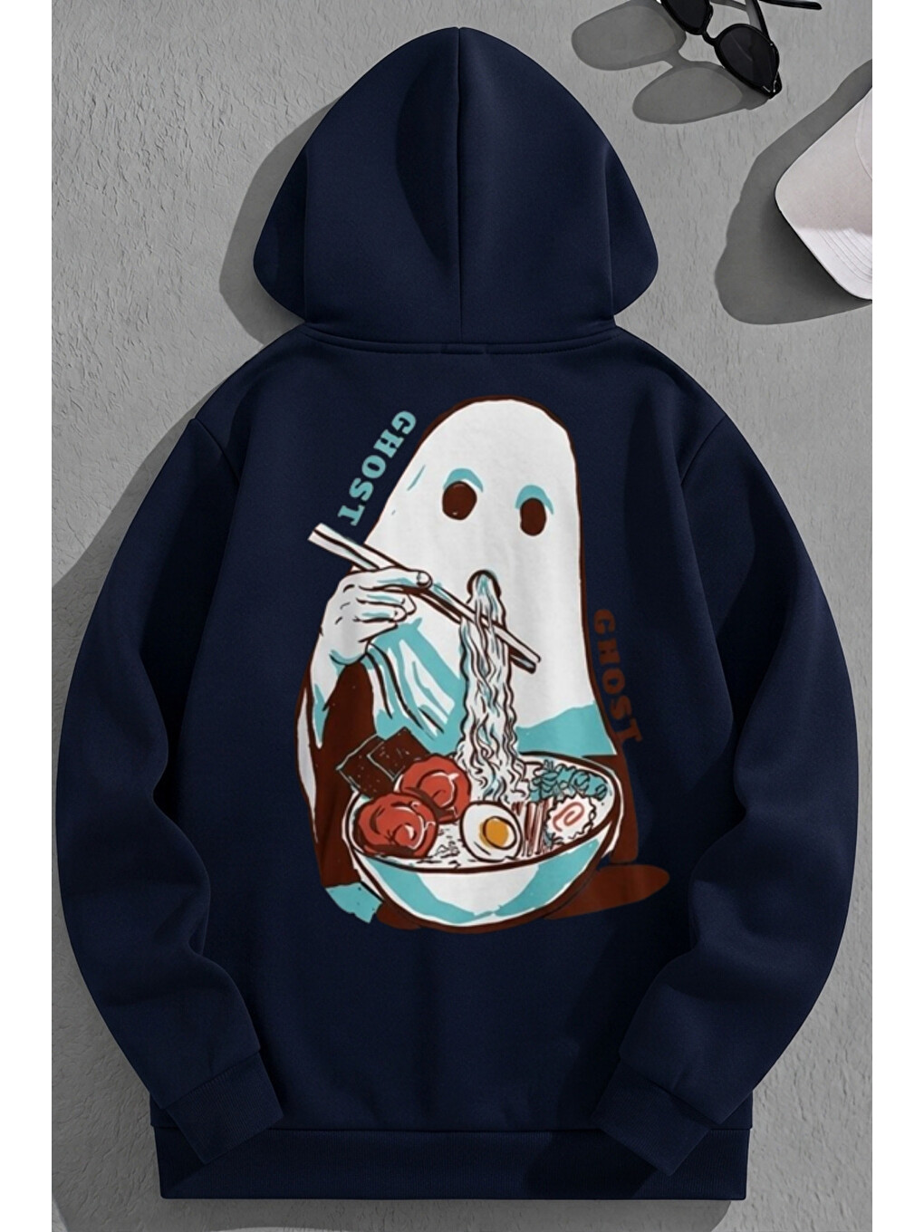 Unisex 3 İplik Pamuklu Lacivert Ghosteats Baskı Bol Kalıp Sweatshirt Hoodie