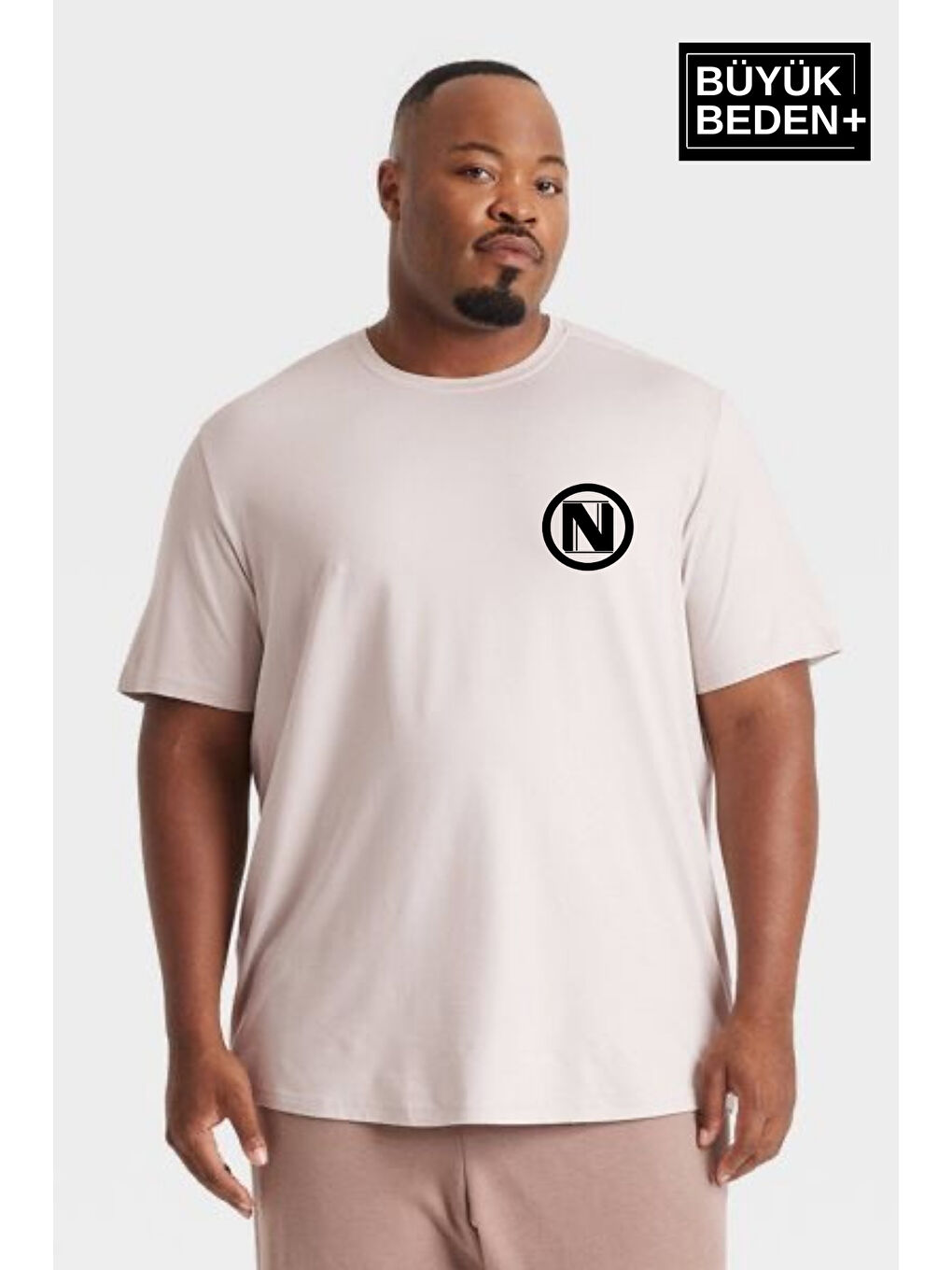 Bej Erkek Büyük Beden N Baskılı Bisiklet Yaka Tişört SPR25BTS902