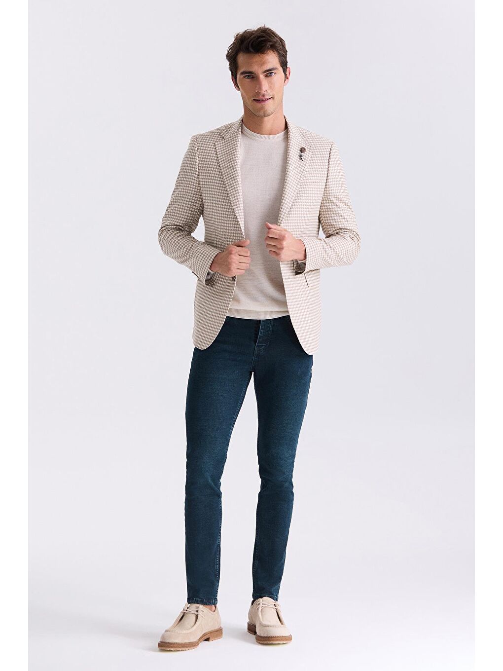 Bej Slim Fit Desenli Mono Yaka Yazlık Spor Ceket-1