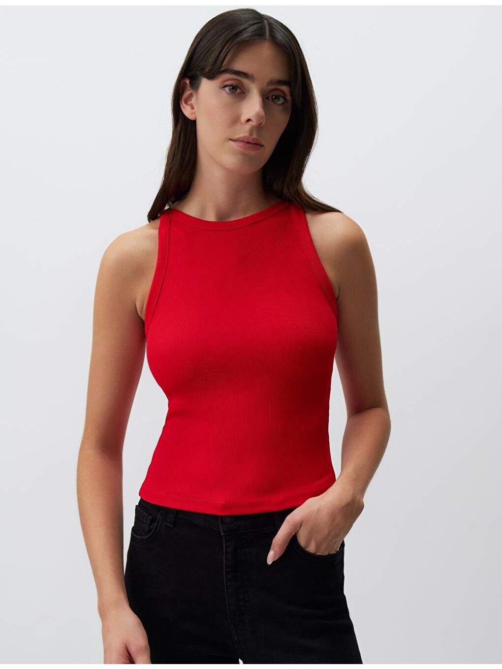 Kırmızı Dar Kesim Kolsuz Halter Yaka Basic Örme Atlet