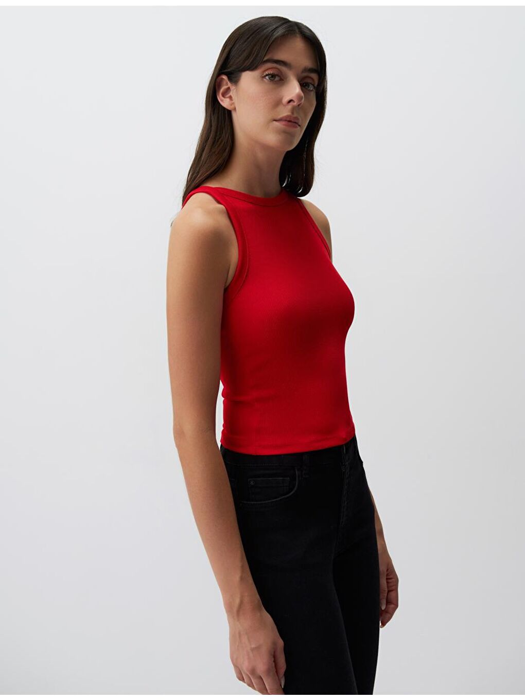 Kırmızı Dar Kesim Kolsuz Halter Yaka Basic Örme Atlet-3