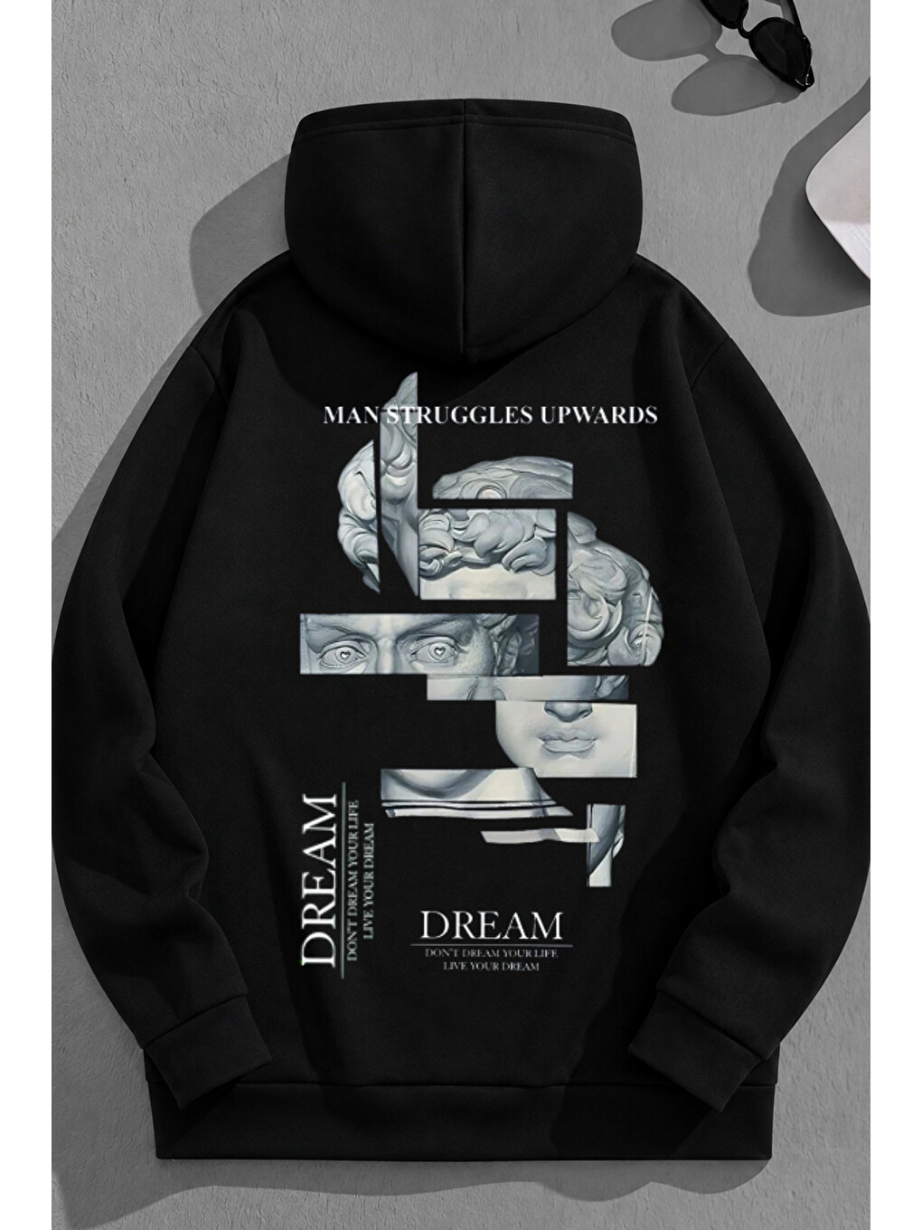Unisex 3 İplik Pamuklu Siyah Dream Özel Baskı Bol Kalıp Sweatshirt Hoodie