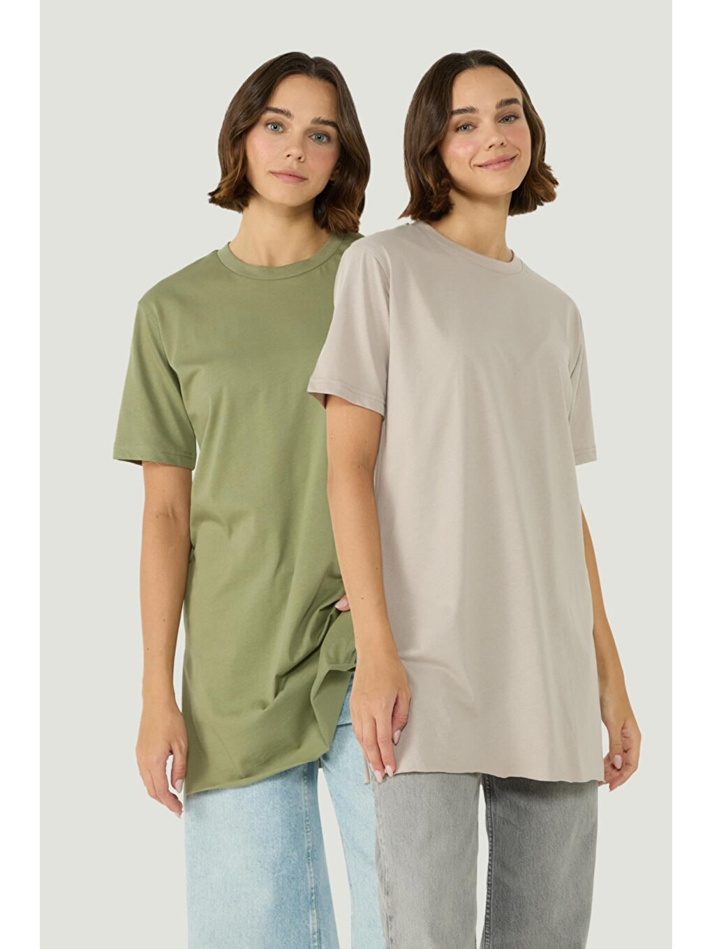 Bisiklet Yaka Yarım Kol Yırtmaçlı 2'Li Uzun T-Shirt 963 Haki/Gri