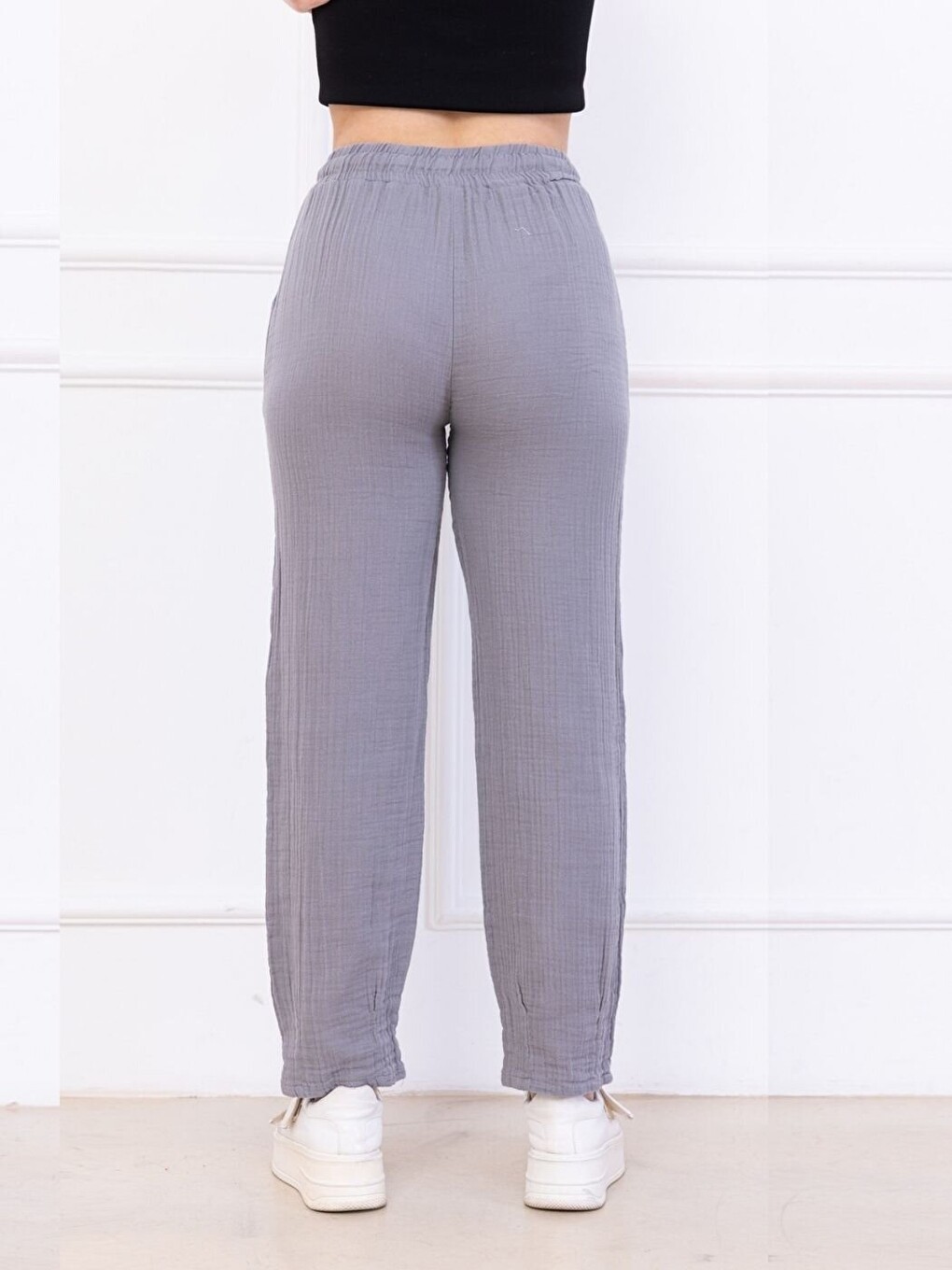 Gri Kadın Füme Müslin Pamuk Paça Pileli Pantolon-2