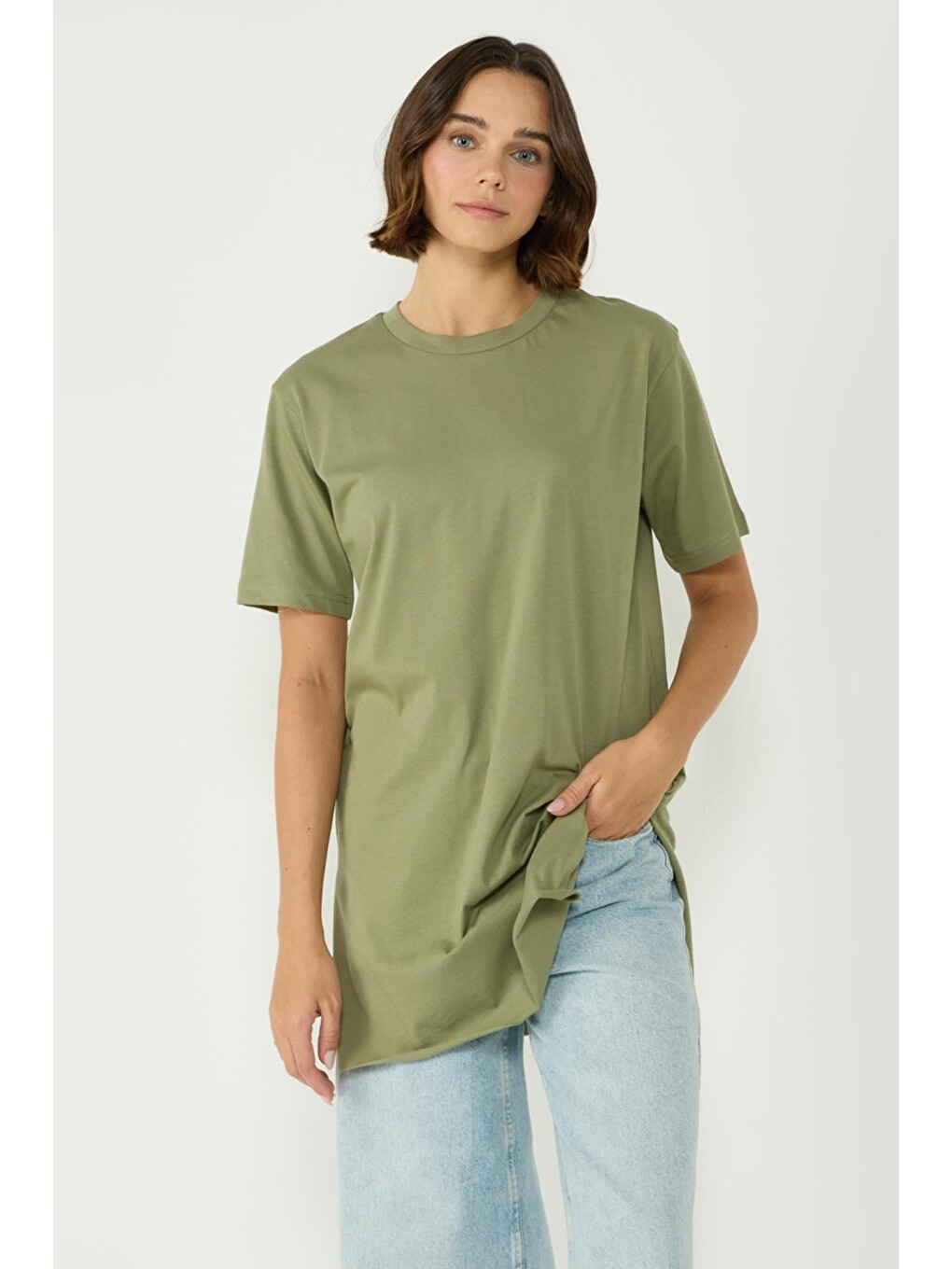 Bisiklet Yaka Yarım Kol Yırtmaçlı 2'Li Uzun T-Shirt 963 Haki/Gri-1